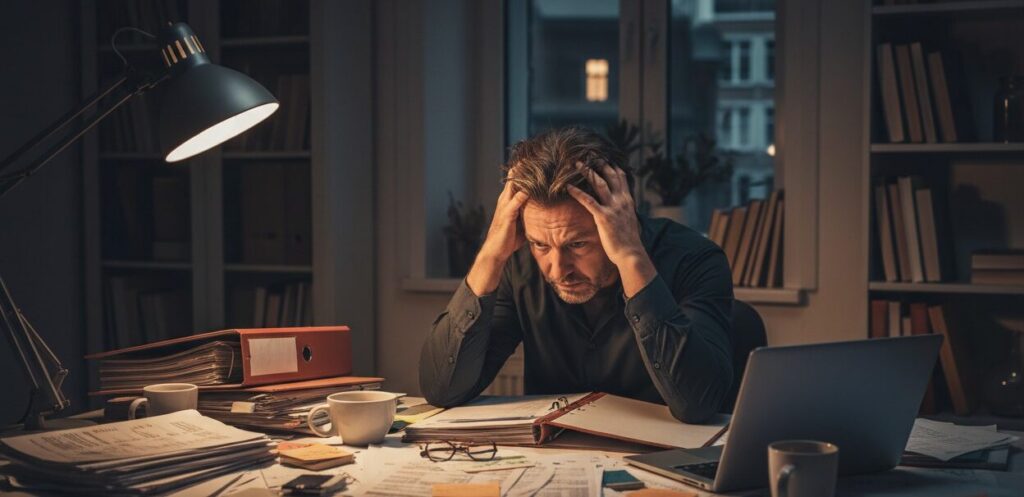Een ondernemer die 's avonds aan zijn bureel zit tussen al het papierwerk en nog lang moet werken tegen zijn zin omdat hij dit niet graag doet