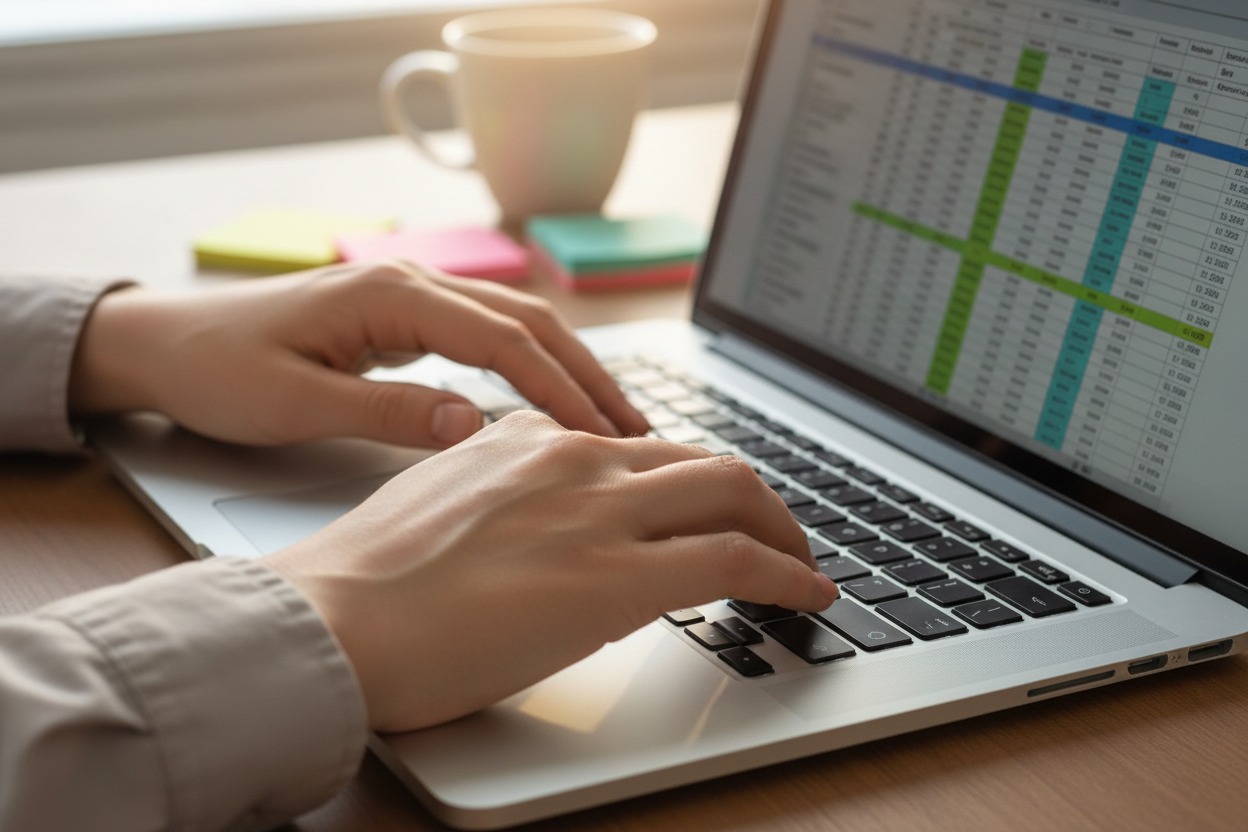 Iemand typt op een laptop met een spreadsheet op het scherm terwijl er een koffiekop en post-its op het bureau staan.